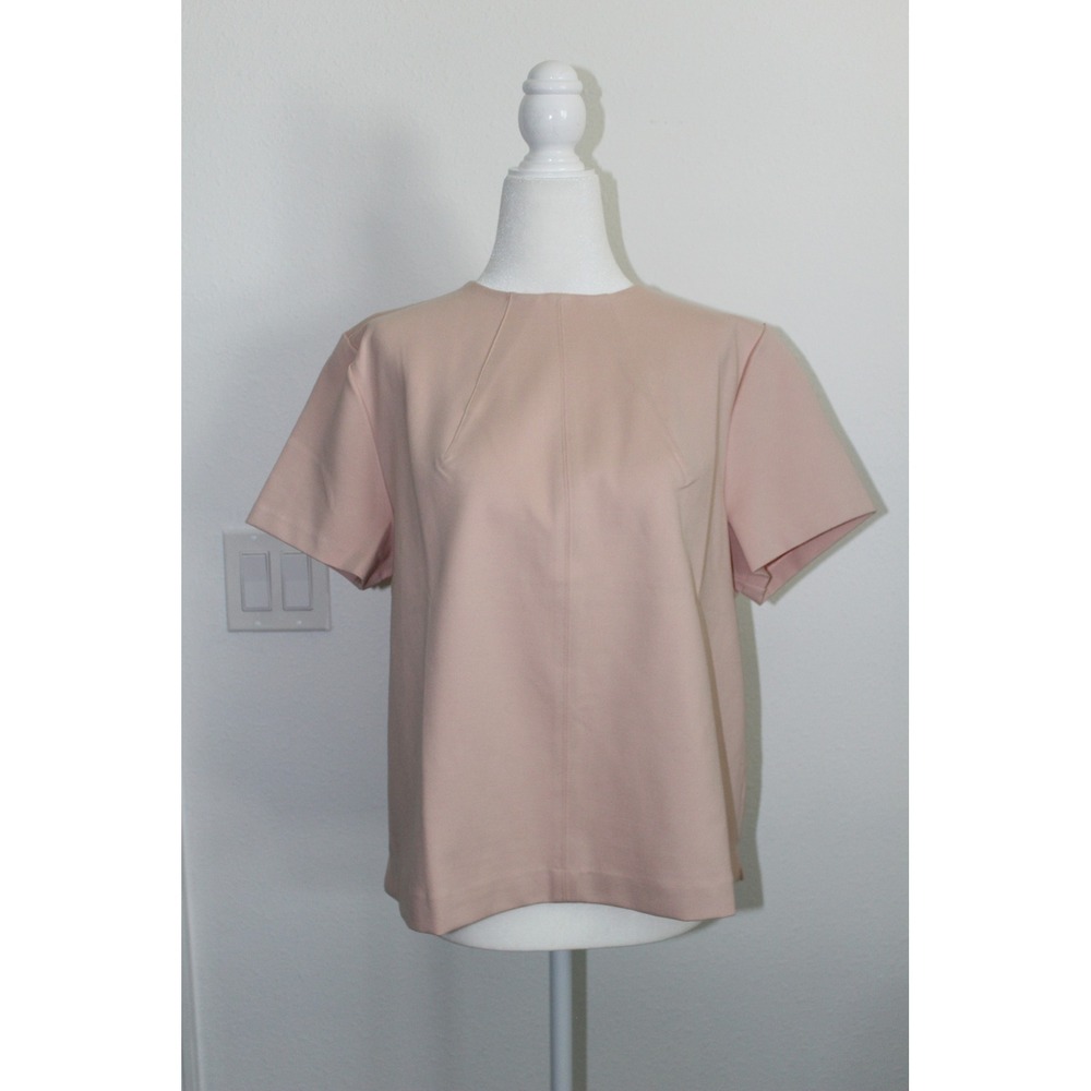 Spanx Women XL Blush Pink Short Sleeve Ponte Blouse Crew Neck Back Zip Top